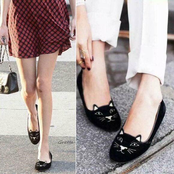 Charlotte Olympia Kitty Cat Black Velvet Flats Loafers Gold, EU 38 US 7.5-8 - Picture 6 of 12